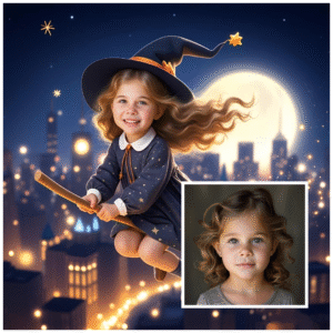 Little witch in a magical costume, Halloween fantasy art