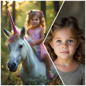 Girl princess riding a unicorn, personalized artwork for children by Zoldu